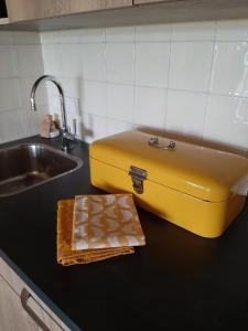 een aanrecht met een gele doos naast een wastafel bij B&B De Verre Kijker in Barsingerhorn
