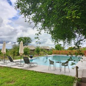 a pool with chairs and tables and umbrellas at Xhabe Safari Lodge Chobe in Muchenje
