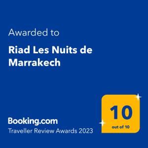 Ein Zertifikat, Auszeichnung, Logo oder anderes Dokument, das in der Unterkunft Riad Les Nuits de Marrakech ausgestellt ist