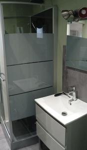 ル・トレポールにあるL'arc-en-cielの洗面台とガラスのシャワーを備えたバスルーム