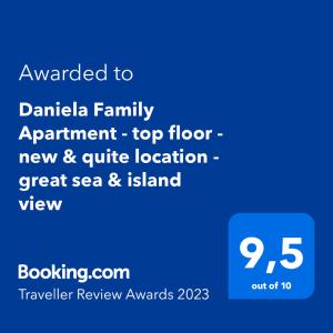 Certyfikat, podpis lub inny dokument wystawiony w obiekcie Daniela Family Apartment - top floor - new & quite location - great sea & island view