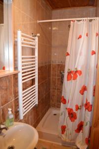 a bathroom with a shower curtain with red flowers on it at Guest House Magones in Preiļi