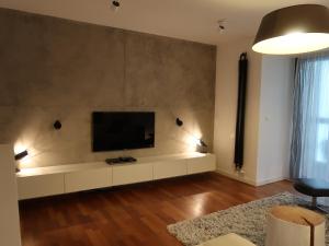 Michal apartment 125m2 city centre في براغ: غرفة معيشة مع تلفزيون بشاشة مسطحة على جدار
