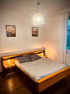 a bedroom with a bed and a chandelier at Petit prince chambre à louer in Saint Die