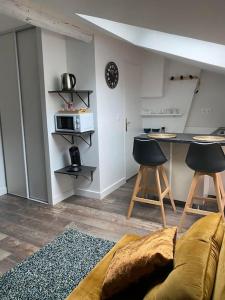 ein Wohnzimmer mit einem Sofa und eine Küche mit einer Theke in der Unterkunft Studio cocooning et refait à neuf. Lyon 06 in Lyon