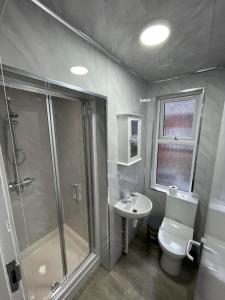 a bathroom with a shower and a toilet and a sink at ISUITES in Newcastle under Lyme