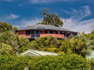 a house on top of a hill with trees at Aorere House - Collingwood Holiday Home in Collingwood