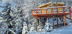 a tree house in the snow in a forest at Treehouse Podpoľanie in Detvianska Huta
