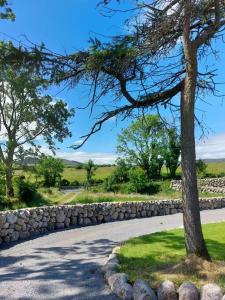 a tree and a stone wall next to a road at Wildthorn Cottage in Moyad