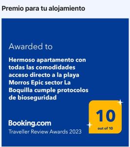 Сертифікат, нагорода, вивіска або інший документ, виставлений в Hermoso apartamento con todas las comodidades acceso directo a la playa Morros Epic sector La Boquilla cumple protocolos de bioseguridad