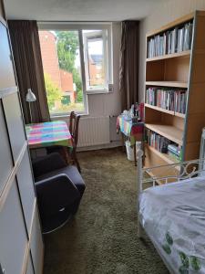 a bedroom with a bed and a chair and a window at Homestay Utrecht in Utrecht