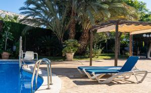 - une piscine avec 2 chaises longues et un parasol dans l'établissement Hotel Checkin Valencia Ciscar, à Picanya