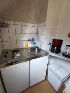 una pequeña cocina con fregadero y encimera en Ferienwohnung Katharina in Stolberg (Harz) en Stolberg i. Harz