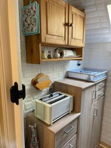 a kitchen with a microwave on top of a counter at Ferienwohnung Katharina in Stolberg (Harz) in Stolberg