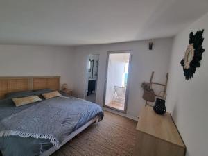 a bedroom with a large bed and a mirror at Agde : Appartement 2 chambres au bord des falaises in Cap d'Agde