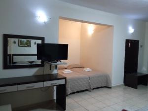 a small room with a bed and a television at Hotel Panorama in Agios Panteleimon