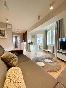 salon z kanapą i telewizorem z płaskim ekranem w obiekcie Apartamenty MUNN 6 Szczecin w Szczecinie