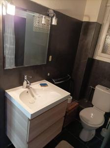 La salle de bains est pourvue d'un lavabo blanc et de toilettes. dans l'établissement Joli 3 pièces au calme, à Saint-Martin-Vésubie