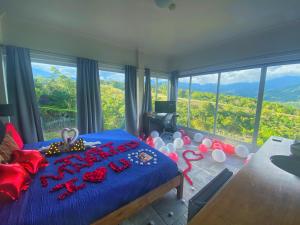 a bedroom with a blue bed with balloons on it at Casa Ejecutiva Boquete in Boquete