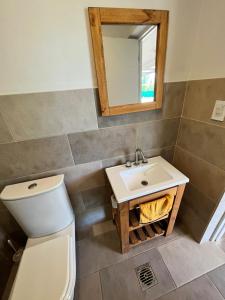W łazience znajduje się toaleta, umywalka i lustro. w obiekcie Pergolas Guest House - Pileta, Vinos y Montaña w mieście Vista Flores
