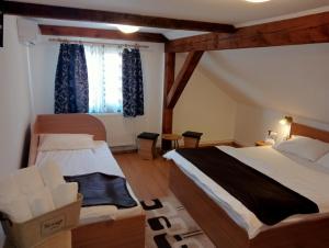 1 Schlafzimmer mit 2 Betten und einem Stuhl in der Unterkunft Casa Raisa & Maria in Ocna Sibiului