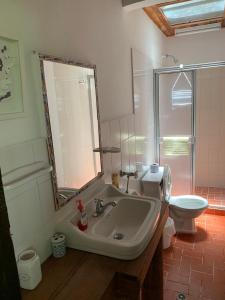 y baño con lavabo, aseo y espejo. en Finca Brisas del Pacifico, en Montenegro