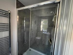 a bathroom with a shower and a toilet and a sink at Little Nauvoo, Near Bath in Radstock