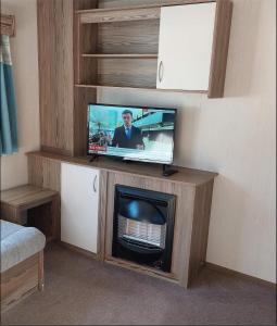 a living room with a tv and a fireplace at Marton Mere Buckingham in Blackpool