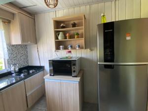 eine Küche mit einem Kühlschrank aus Edelstahl und einer Mikrowelle in der Unterkunft Casa- Encanto da Praça in Urupema