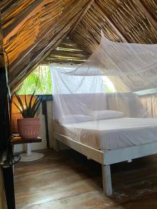 a bed in a room with a mosquito net at BONITA HOSTEL in Palomino