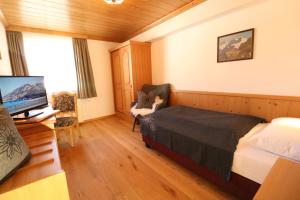 Dormitorio con cama, escritorio y TV en Hotel Bräu, en Rauris