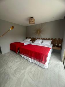 聖米格爾－杜斯米拉格里斯的住宿－Nauru chalés milagres，一间卧室配有两张红色和白色床单