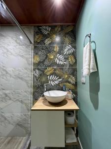 uma casa de banho com um lavatório e um chuveiro em Miss Anto´s Place-MAP em San Andrés