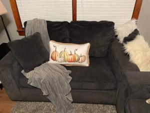 a black couch with a pillow with pumpkins on it at Cozy bungalow near Hanging Rock and Chateau Vie. 
