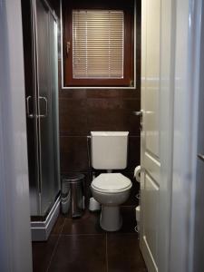 een kleine badkamer met een toilet en een raam bij BOGO Apartment in Bitola