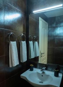 een badkamer met een wastafel, een spiegel en handdoeken bij BOGO Apartment in Bitola