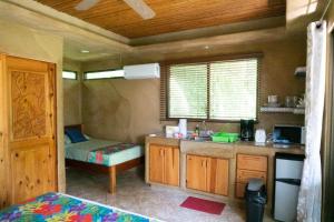 una cocina con fregadero y una cama en una habitación en Arbol Verde Villas, en Ojochal