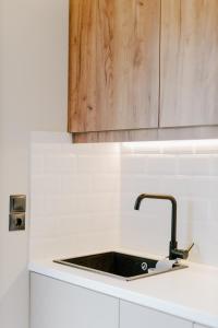 a kitchen sink with a wooden cabinet above it at Aelia Prime Experience 2 in Kos Town