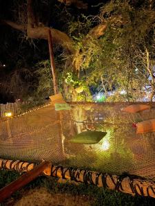 una red con una piscina de agua por la noche en Rochabus en Ica