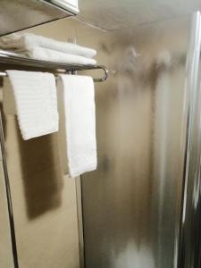 a bathroom with a shower with white towels at hotel de rossi in Bari