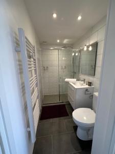 a bathroom with a toilet and a sink and a shower at Le Caprice de Beaulieu in Beaulieu-sur-Dordogne