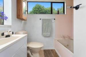 a bathroom with a toilet and a sink and a window at Beach, Bikes and Bonfires in Opotiki