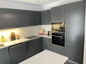 una cocina con electrodomésticos de acero inoxidable y armarios grises en Villa Sofie en Meiringen