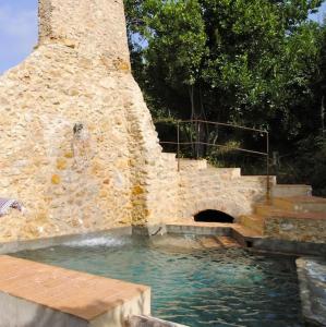 una piscina de agua con pared de piedra y escaleras en Mas Coquells, preciosa masia en plena natura, en Vilanant