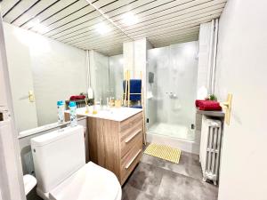 a bathroom with a toilet and a shower and a sink at Studio cosy à 5 min du Futuroscope in Chasseneuil-du-Poitou