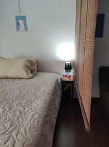 a bedroom with a bed and a table with a lamp at Estudio21centro in Arica
