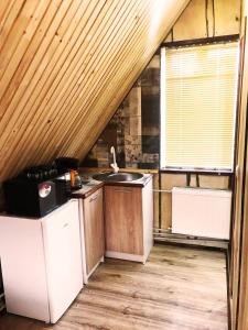 eine Küche mit einem Herd und einem Waschbecken in einem Zimmer in der Unterkunft Lavanda cottage in Werchowyna