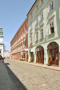a cobblestone street in a city with buildings at Hotel v Centru in České Budějovice