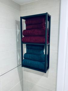 een handdoekenrek met vier handdoeken in de badkamer bij Le Buhlois, bienvenue en Alsace! in Buhl