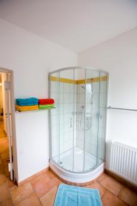 a shower with a glass enclosure in a bathroom at Apartment Yellow in Sigmarszell